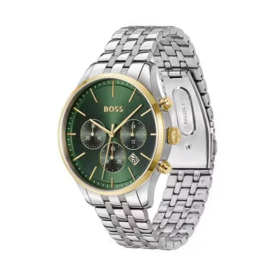 Hugo Boss Avery Chronograph Green Dial Silver Steel Strap Watch for Men - 1514159