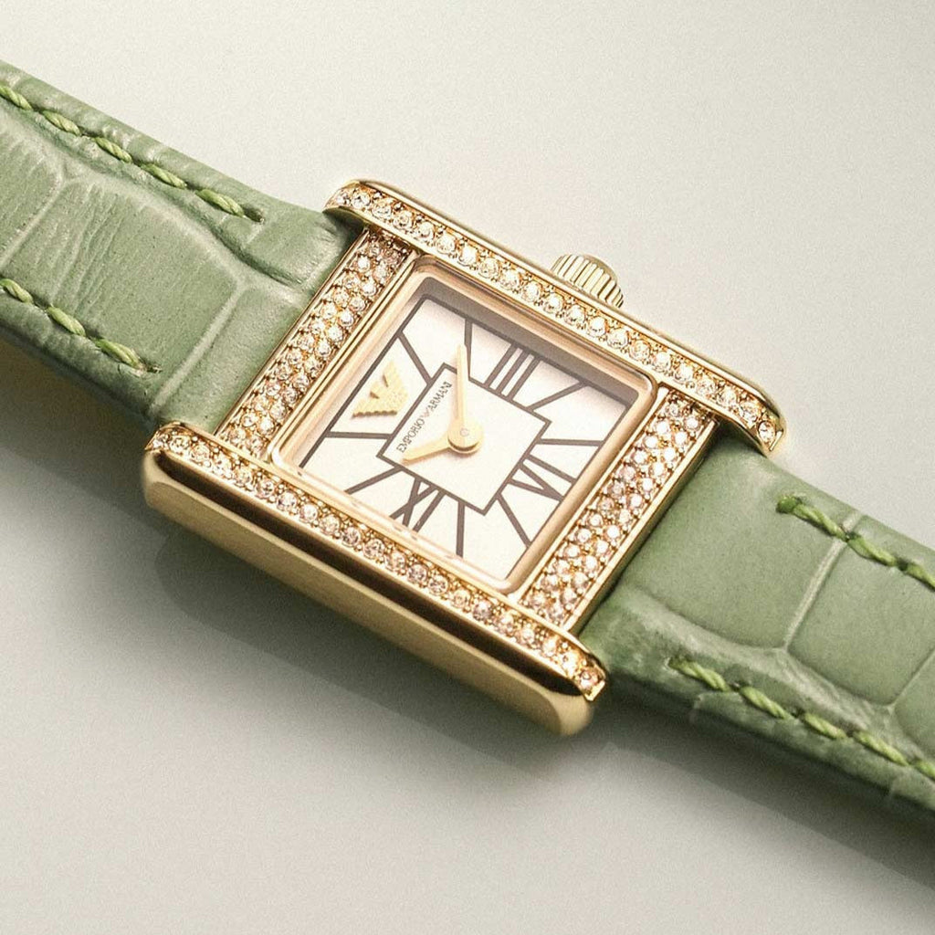Emporio Armani Classic White Dial Green Leather Strap Watch for Women - AR11661