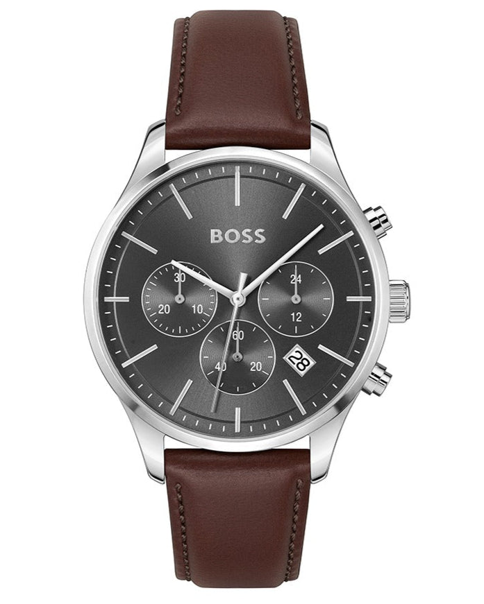 Hugo Boss Avery Chronograph Grey Dial Brown Leather Strap Watch for Men - 1514155