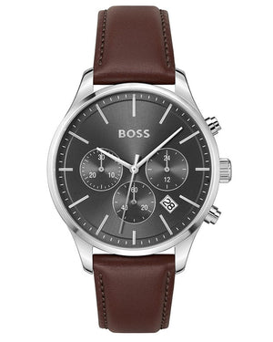 Hugo Boss Avery Chronograph Grey Dial Brown Leather Strap Watch for Men - 1514155