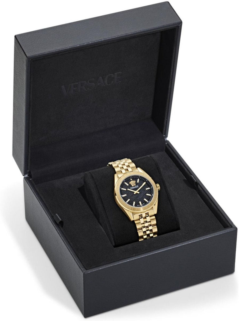 Versace V-Code Quartz Black Dial Gold Steel Strap Watch for Women - VE8I00724