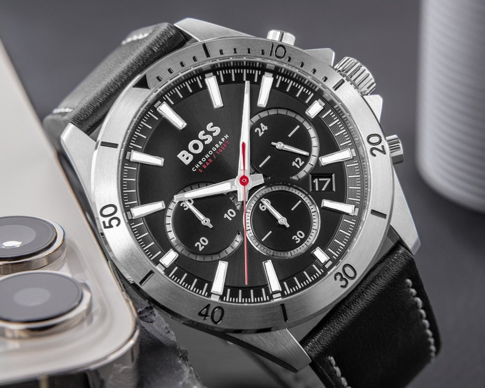 Hugo Boss 1514055 Troper Chronograph Men's Watch – Black Dial & Black Leather Strap