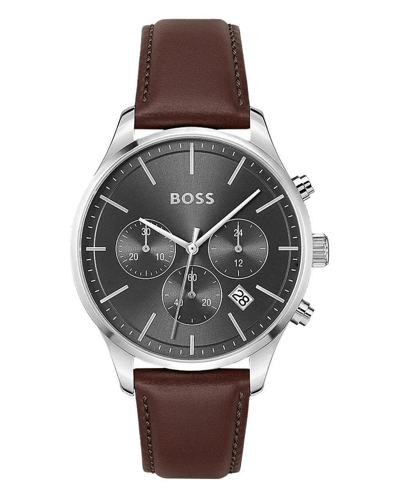 Hugo Boss Avery Chronograph Grey Dial Brown Leather Strap Watch for Men - 1514155