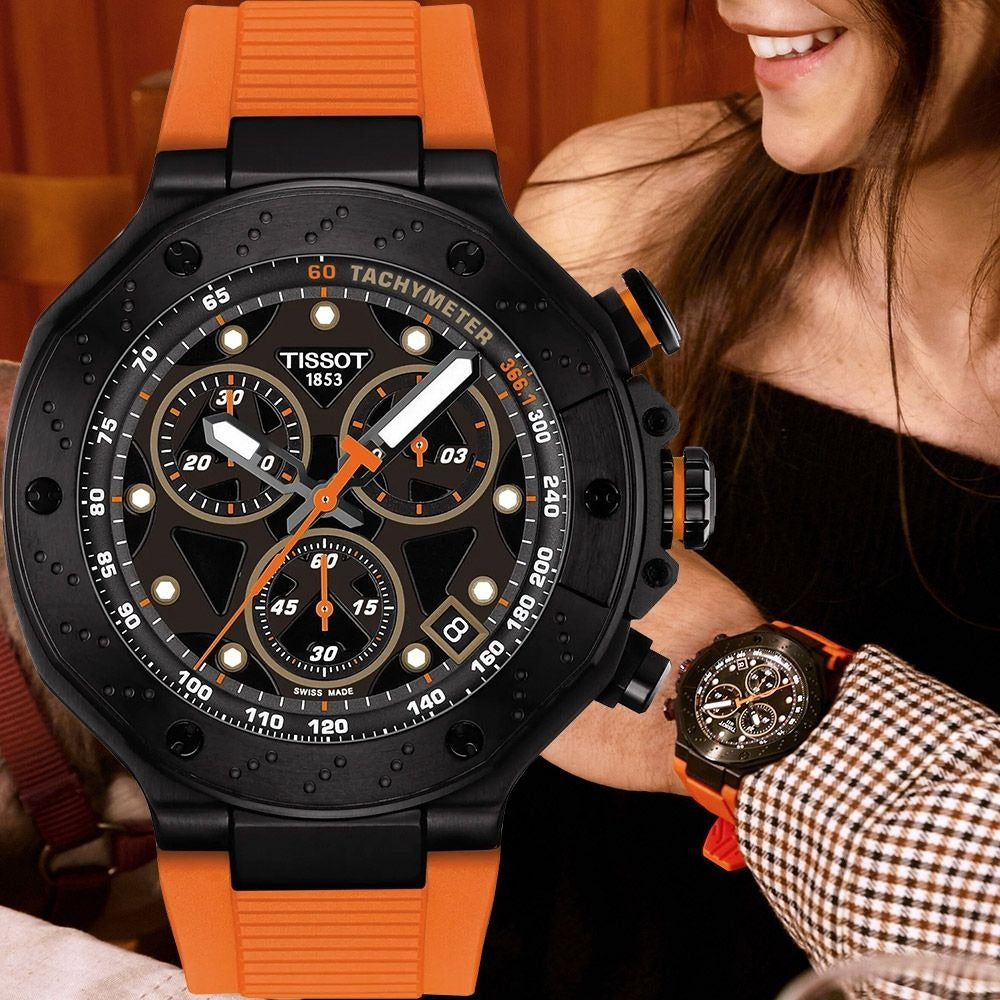 Tissot T Race Chronograph Black Dial Orange Rubber Strap Watch for Men - T141.417.37.051.02