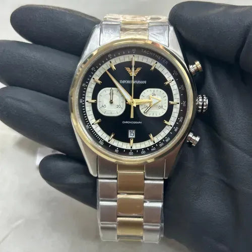 Emporio Armani Racer Chronograph Black Dial Two Tone Steel Strap Watch for Men - AR11678