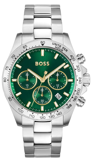 Hugo Boss 1514217 Hero Chronograph Men's Watch – Green Dial & Silver Steel Strap