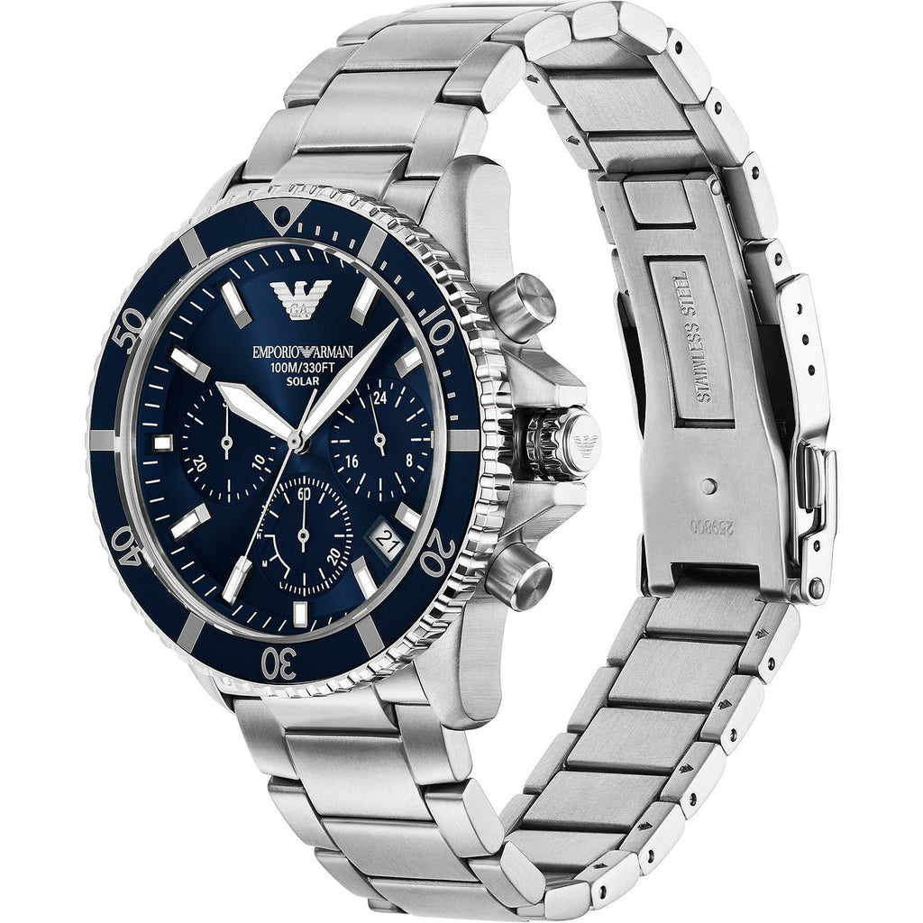 Emporio Armani World Explorer Chronograph Blue Dial Silver Steel Strap Watch for Men - AR11681