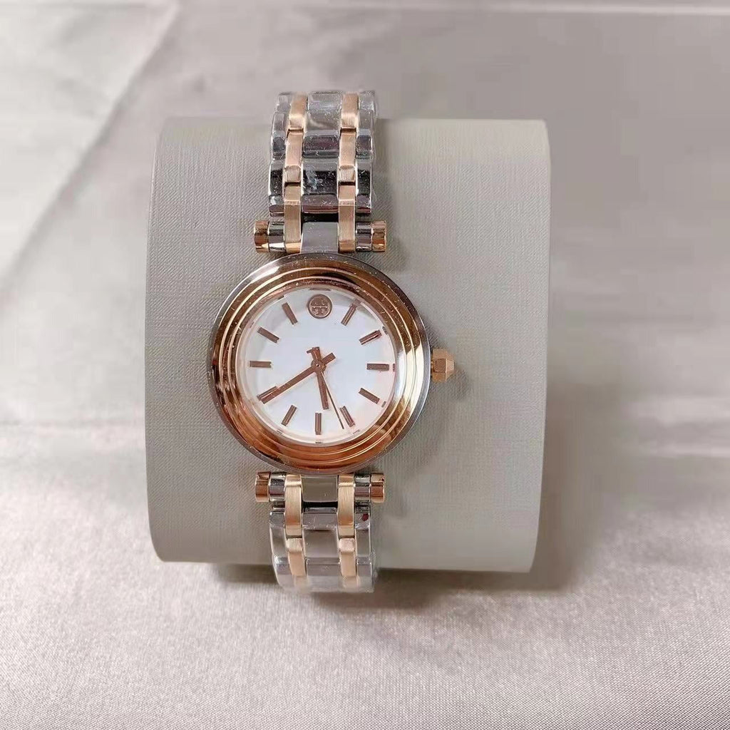 Tory Burch Classic T White Dial Two Tone Steel Strap Watch for Women - TBW9011