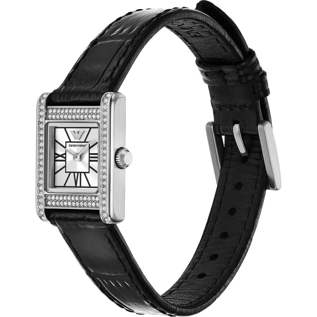 Emporio Armani Classic Crystals Silver Dial Black Leather Strap Watch for Women - AR11660