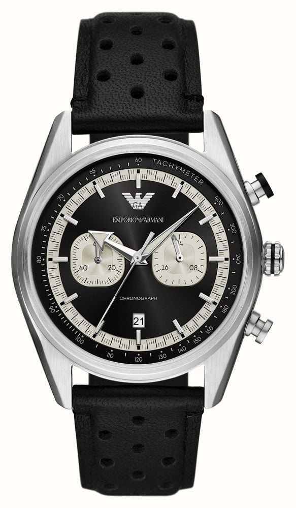 Emporio Armani Racer Chronograph Black Dial Black Leather Strap Watch for Men - AR11635