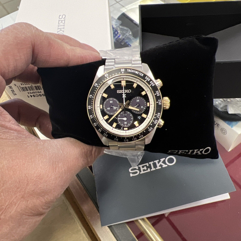 Seiko Prospex Speedtimer Solar Chronograph Black Dial Silver Steel Strap Watch for Men - SSC941