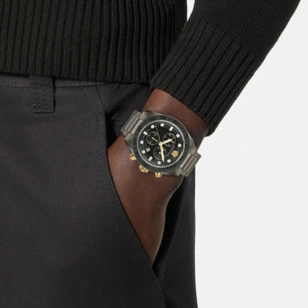 Versace Greca Dome Chronograph Black Dial Grey Steel Strap Watch for Men - VE6K00623