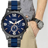 Fossil Nate Chronograph Blue Dial Two Tone Steel Strap Watch for Men - JR1494