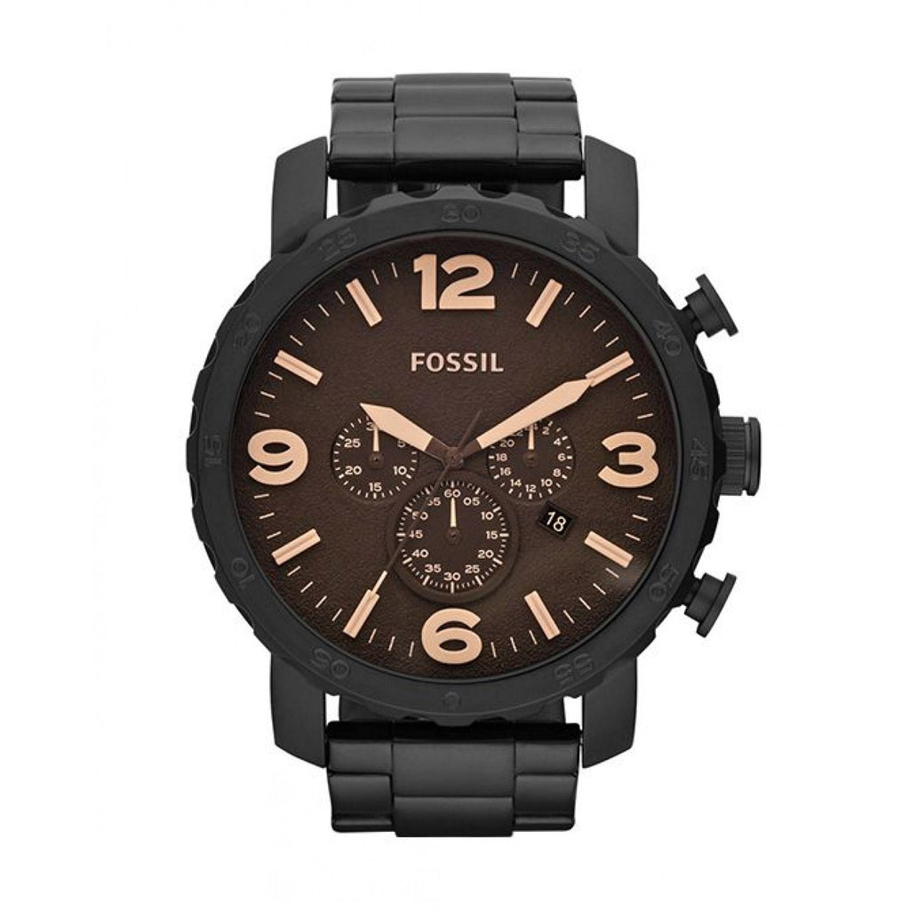 Fossil Nate Chrongraph Ion Plated Black Dial Black Steel Strap Watch for Men - JR1356
