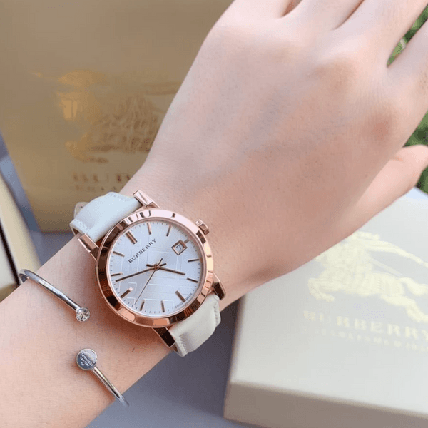 Burberry The City White Dial White Leather Strap Watch for Women - BU9108