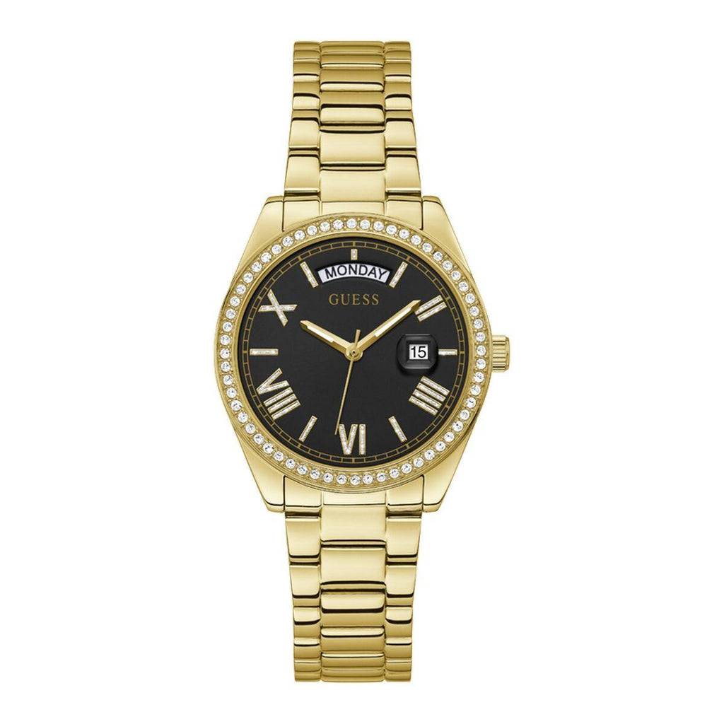 Guess Luna Diamonds Black Dial Gold Steel Strap Watch for Women - GW0307L2