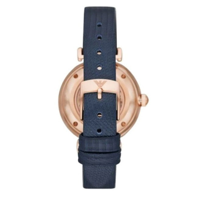 Emporio Armani Gianni T-Bar Analog Silver Dial Blue Leather Strap Watch For Women - AR60020