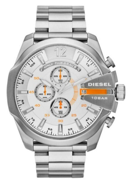 Diesel Mega Chief Chronograph White Dial Silver Steel Strap Watch For Men - DZ4328