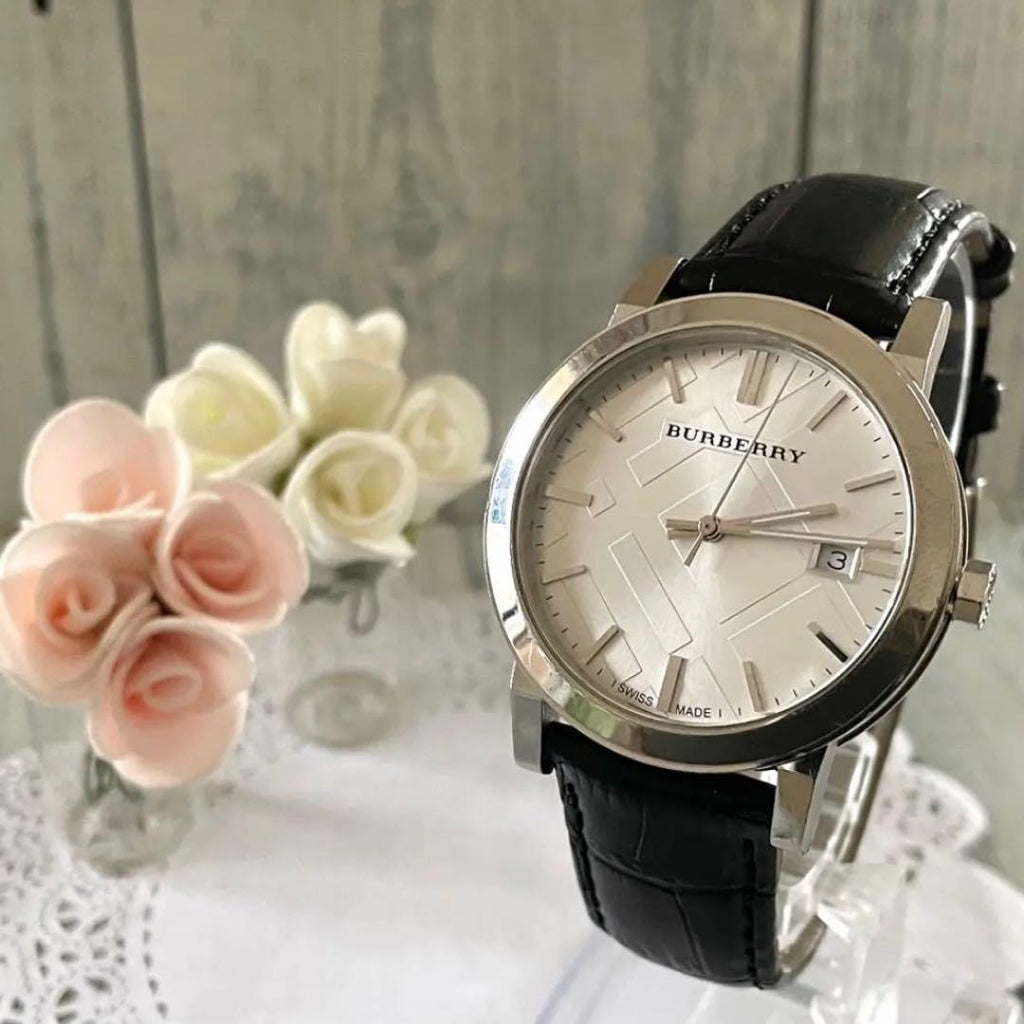 Burberry The City White Dial Black Leather Strap Watch for Men - BU9008