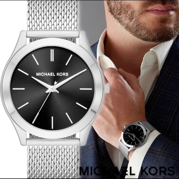 Michael Kors Slim Runway Analog Black Dial Silver Mesh Bracelet Watch For Men - MK8606
