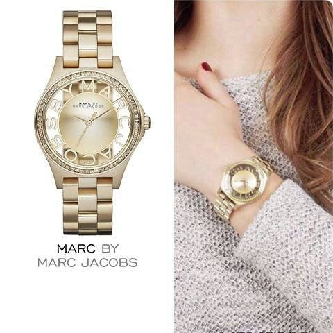 Marc Jacobs Henry Transparent Gold Dial Gold Steel Strap Watch for Women - MBM3338