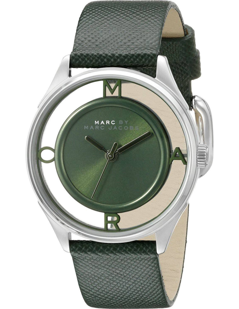 Marc Jacobs Tether Transparent Green Dial Green Leather Strap Watch for Women - MBM1378