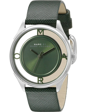 Marc Jacobs Tether Transparent Green Dial Green Leather Strap Watch for Women - MBM1378