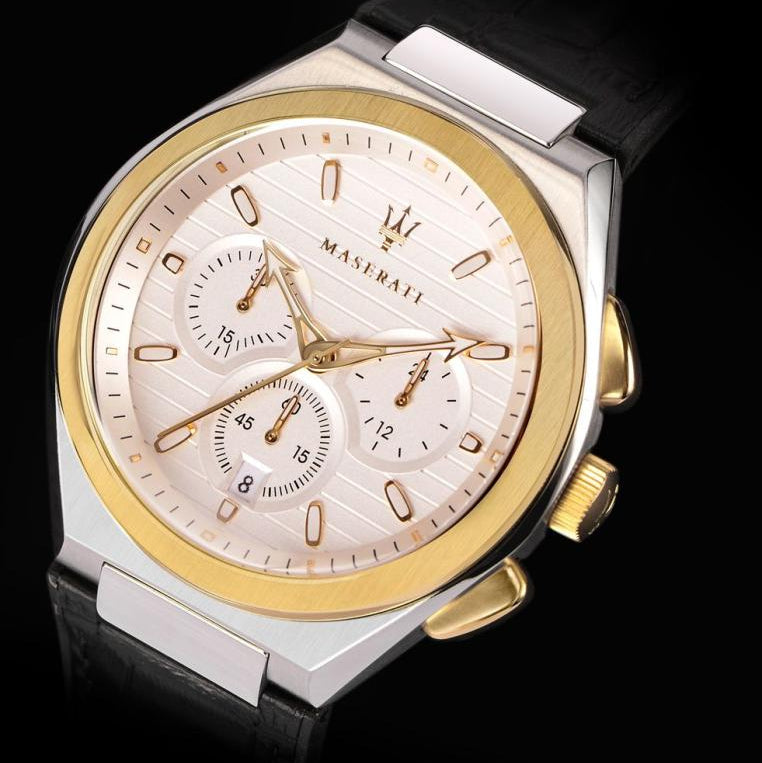 Maserati Triconic Chronograph White Dial Black Leather Strap Watch For Men - R8871639004