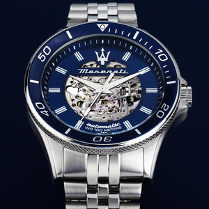 Maserati SFIDA Automatic Skeleton Blue Dial Silver Steel Strap Watch For Men - R882314001