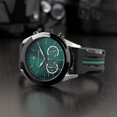 Maserati Traguardo Chronograph Green Dial Black Silicone Strap Watch For Men - R8871612043