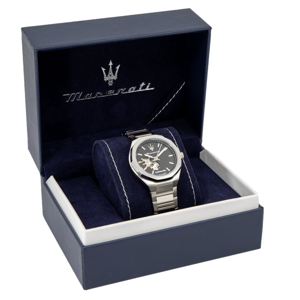 Maserati Stile Skeleton Automatic Black Dial Silver Steel Strap Watch For Men - R8823142002