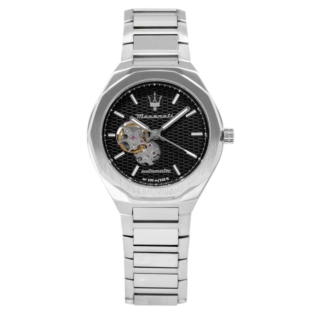 Maserati Stile Skeleton Automatic Black Dial Silver Steel Strap Watch For Men - R8823142002