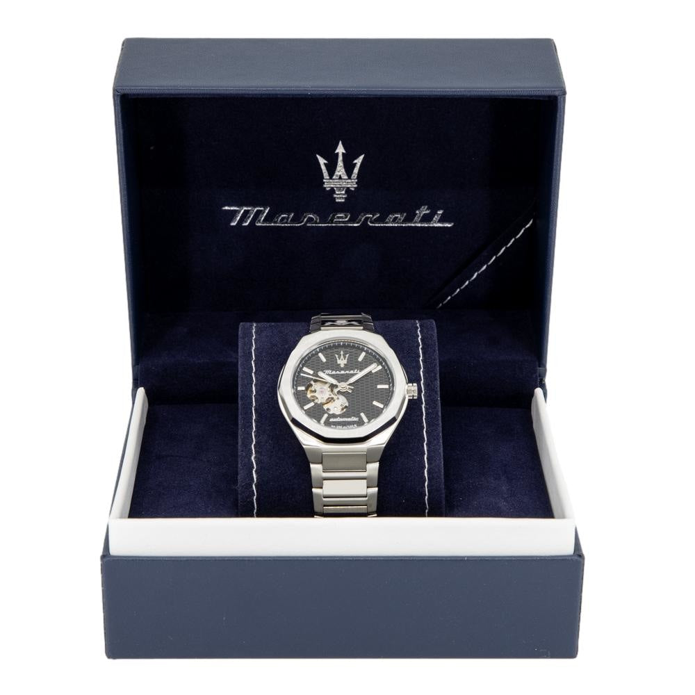 Maserati Stile Skeleton Automatic Black Dial Silver Steel Strap Watch For Men - R8823142002