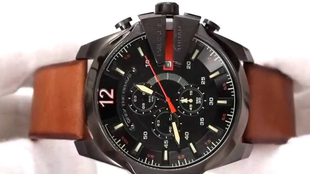 Diesel Mega Chief Chronograph Black Dial Brown Leather Strap Watch For Men - DZ4343