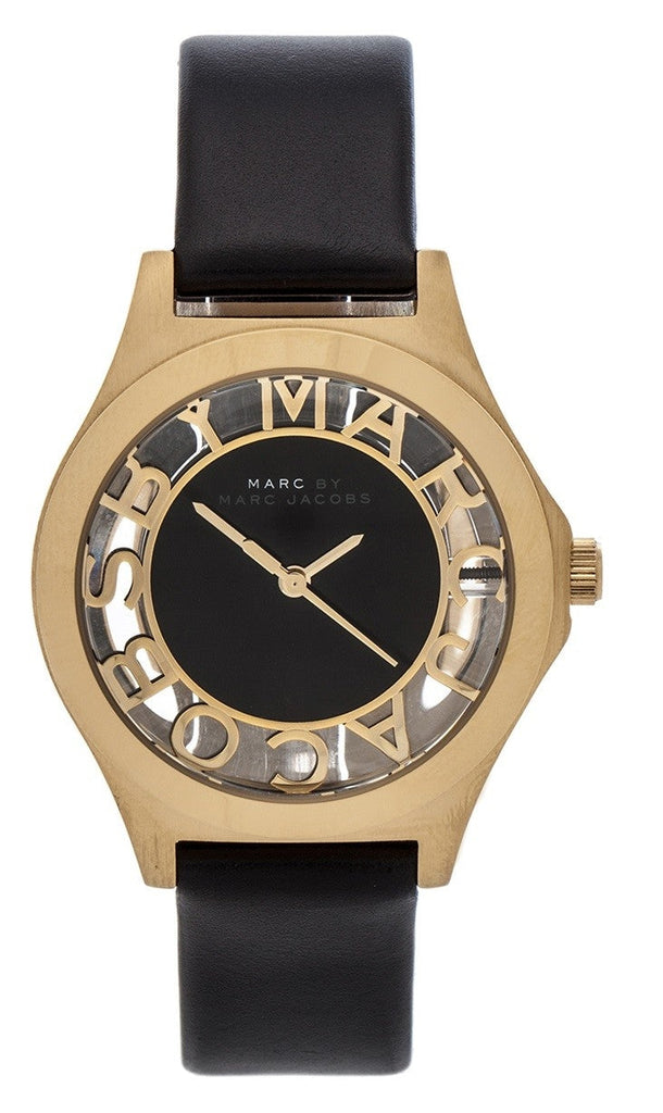 Marc Jacobs Henry Skeleton Black Dial Black Leather Strap Watch for Women - MBM1340