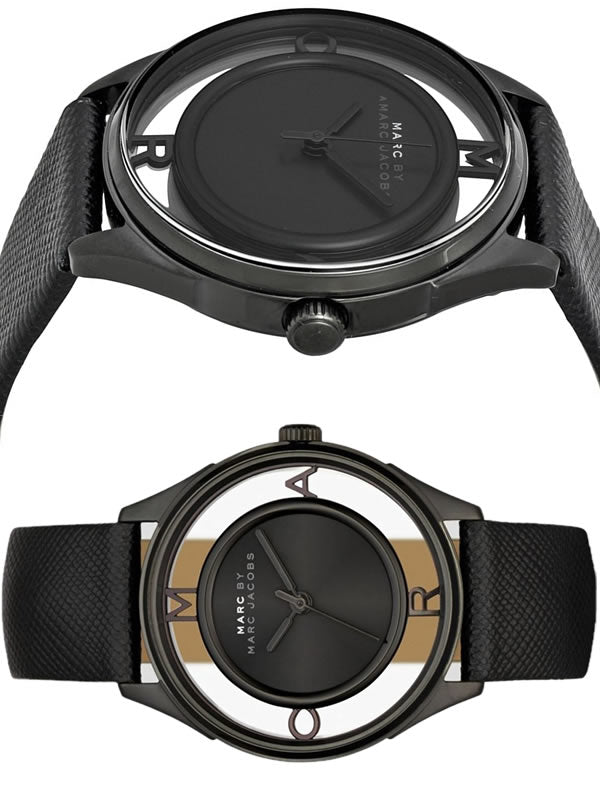 Marc Jacobs Tether Transparent Black Dial Black Leather Strap Watch for Women - MBM1379