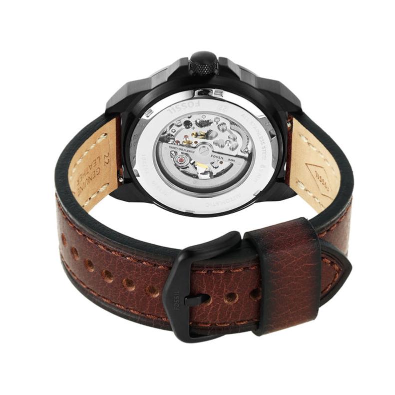 Fossil Bronson Automatic Skeleton Black Dial Brown Leather Strap Watch for Men - ME3219