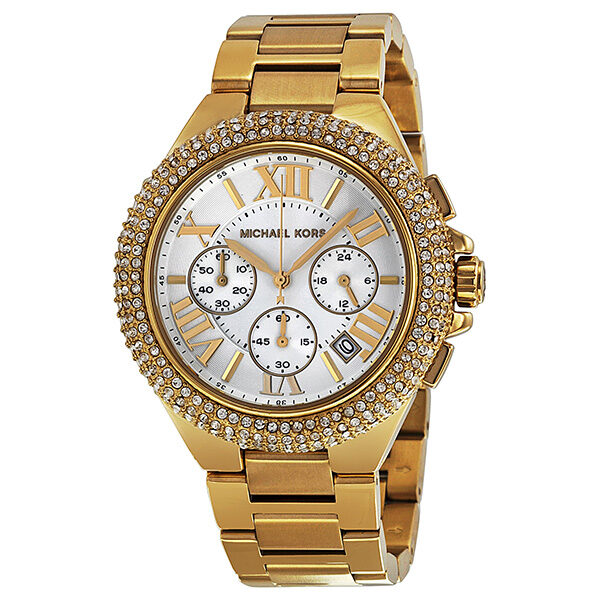 Michael Kors Camille Silver Diamonds Dial Gold Steel Strap Watch for Women - MK5756