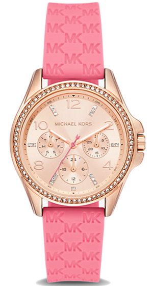 Michael Kors Mini Pilot Quartz Rose Gold Dial Pink Silicone Strap Watch For Women - MK7375