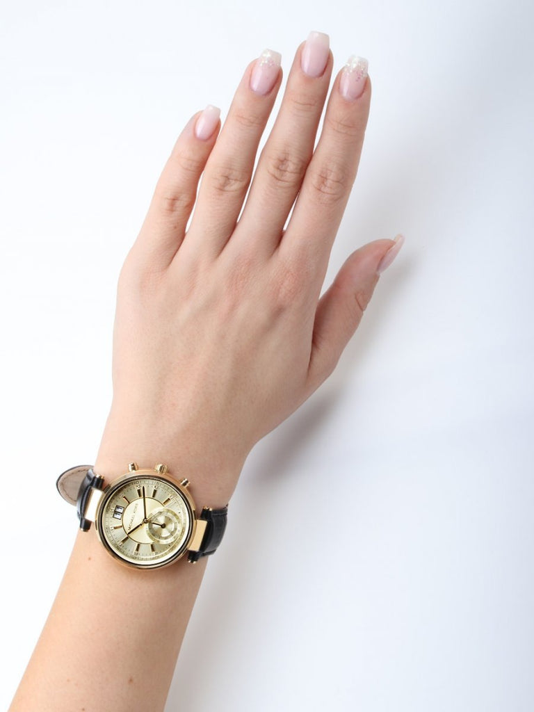 Michael Kors Sawyer Champagne Dial Black Leather Strap Watch for Women - MK2433