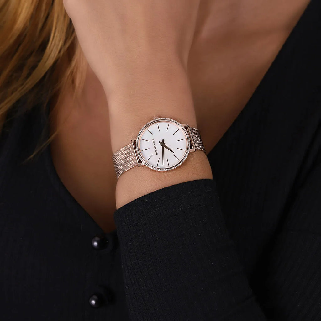 Michael Kors Pyper Quartz Mother of Pearl White Dial Rose Gold Mesh Strap Watch For Women - MK4588