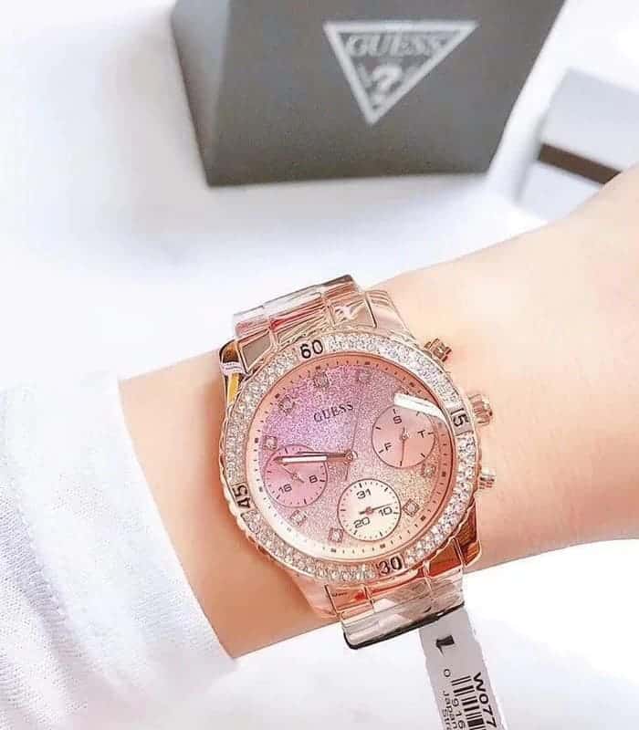 Guess Confetti Pink Dial Rose Gold Steel Strap Watch For Women - W0774L3