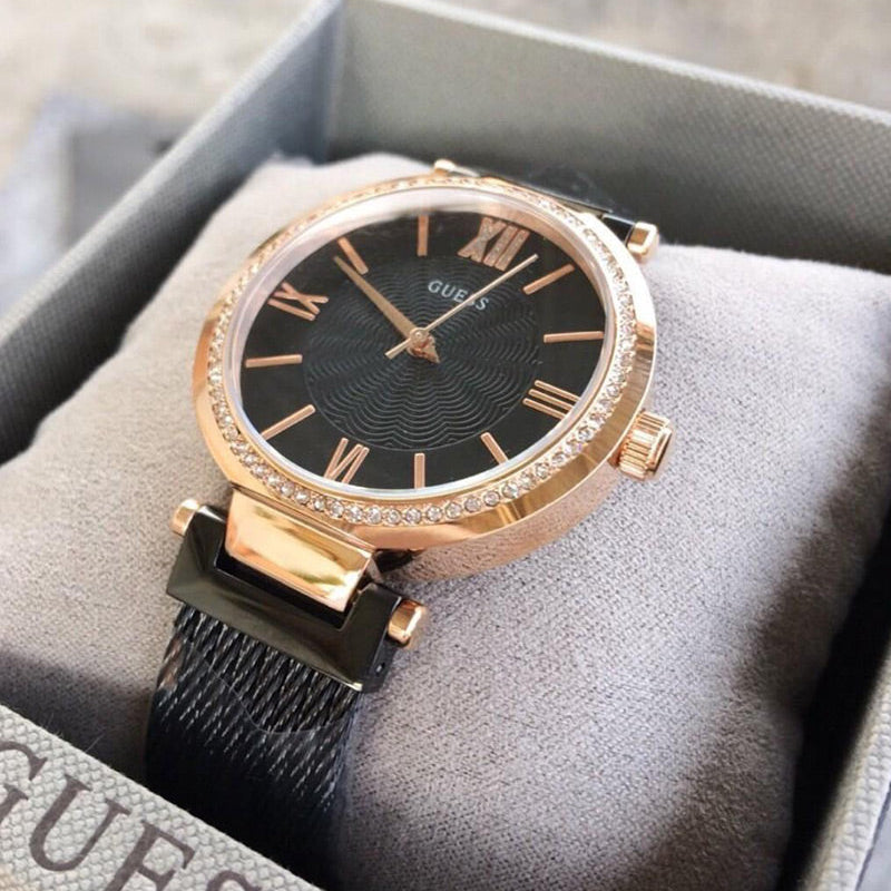 Guess Soho Diamonds Black Dial Black Mesh Bracelet Watch for Women - W0638L5