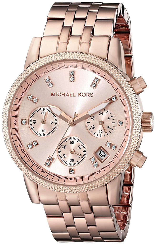 Michael Kors Ritz Chronograph Rose Gold Dial Rose Gold Steel Strap Watch for Women - MK6077