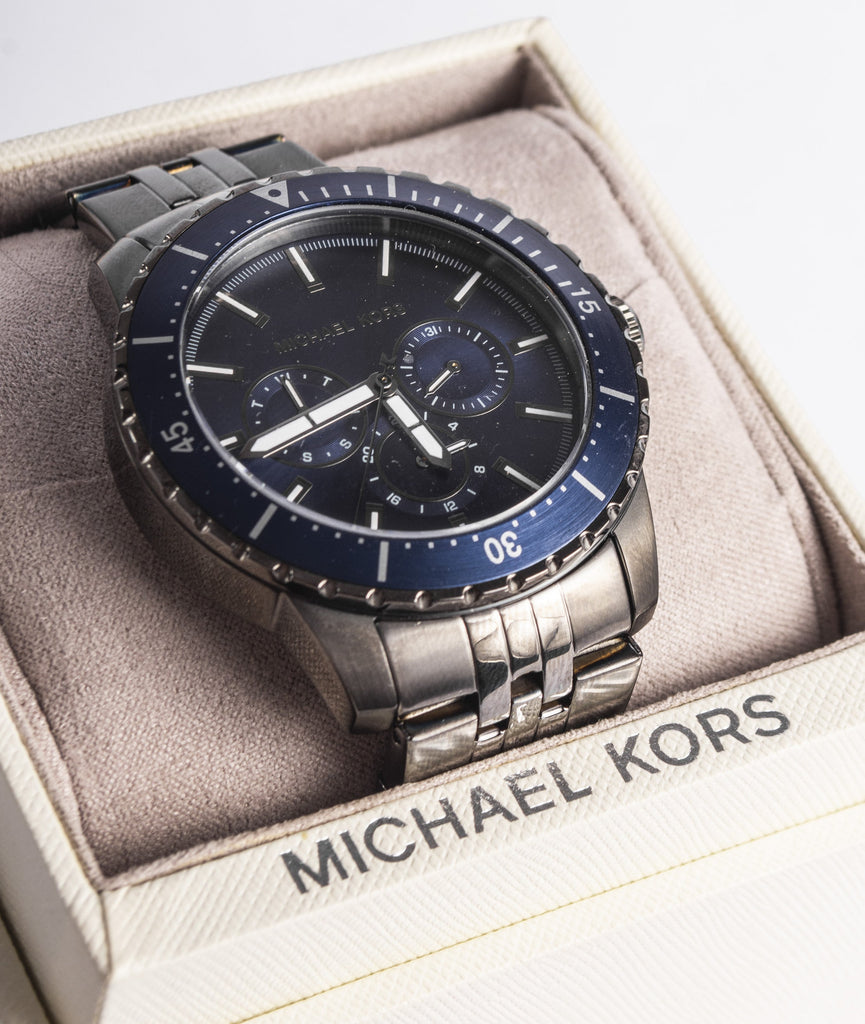 Michael Kors Chronograph Cunningham Multifunction Blue Dial Grey Steel Strap Watch For Men - MK7155