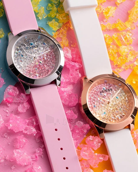 Guess Crush Crystals Gold Dial White Rubber Strap Watch for Women - W1223L3