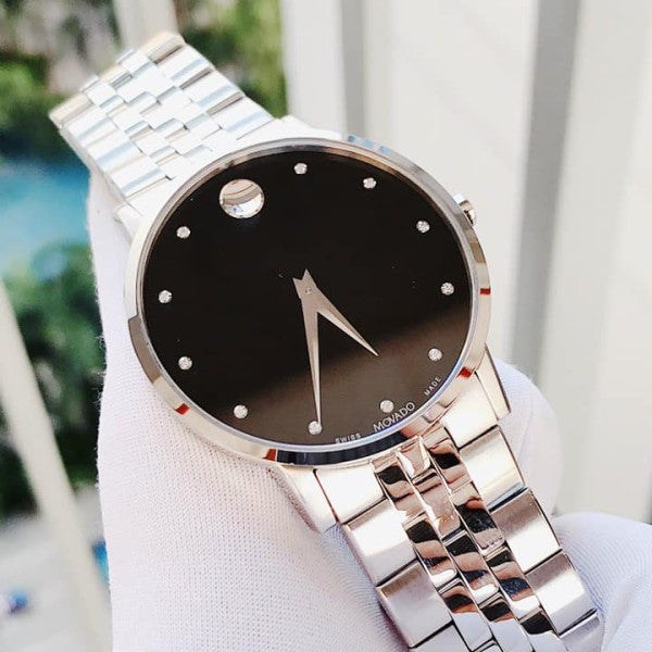 Movado Museum Classic Diamonds Black Dial Silver Steel Strap Watch for Men - 0607201