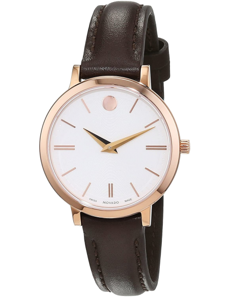Movado Ultra Slim White Dial Brown Leather Strap Watch For Women - 0607096