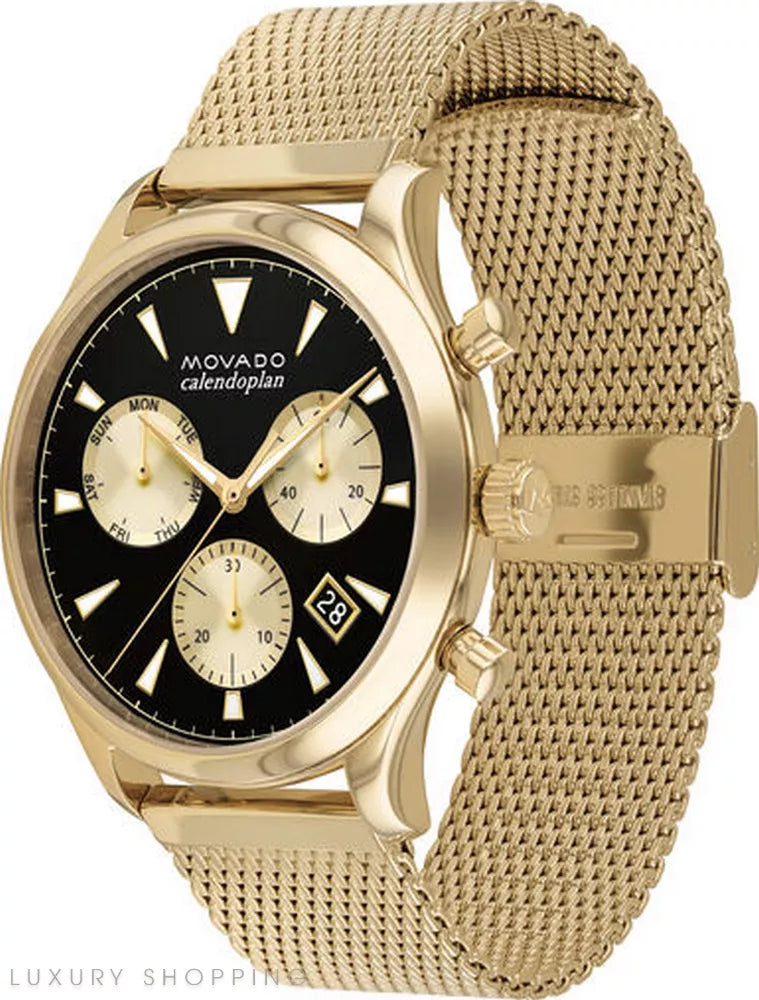Movado Heritage Calendoplan Chronograph Black Dial Gold Mesh Strap Watch for Men - 3650098