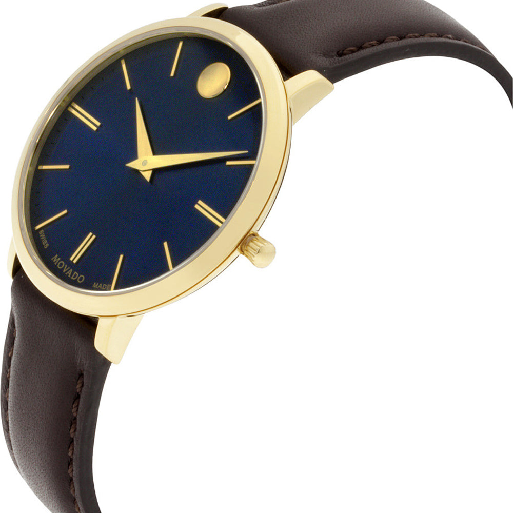 Movado Ultra Slim Blue Dial Brown Leather Strap Watch For Women - 0607092